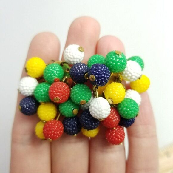 Vintage Colorful Beaded Cluster Dangle Clip On Earrings, Bayberry Textured Beads - Picture 1 of 6